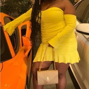 Pretty Little Thing Lime Green Off shoulder Midi Dress size L(12)